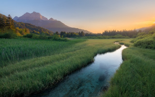 River green field mountain sunset - alen divi free wallpaper