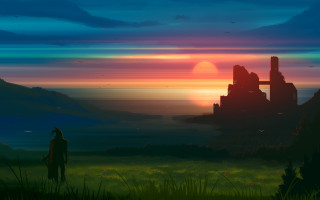 Man field sunset building bird - game art free wallpaper for desktop