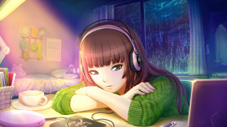 Girl headphones laptop coffee table - headphone free wallpaper