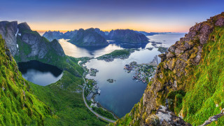 Mountain lake forest bridge sunset - scenic free wallpaper