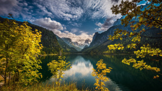Lake mountains trees cloudy sky 2 - yellow leaf free wallpaper