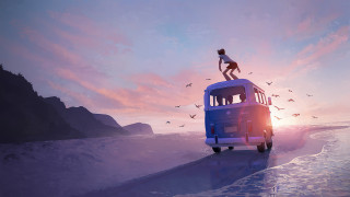 Beach bus figures birds dusk - atey ghailan free wallpaper for desktop