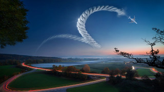 Plane night sky river road - adobe photoshop free wallpaper