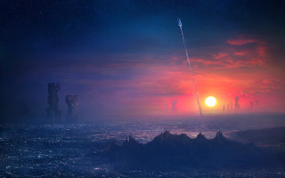 Sunset rocket cityscape aurora moon - a painting of a sunset free wallpaper