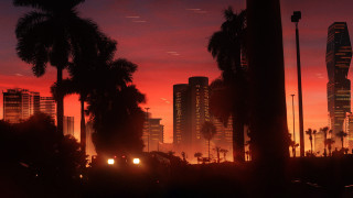City skyline palm trees sunset - a few building free wallpaper