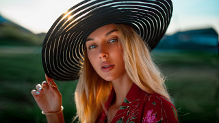 Woman hat red shirt field - a portrait free wallpaper