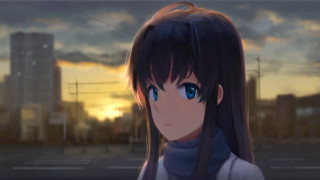 Girl blue eyes sunset cityscape - a cityscape free wallpaper