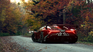 Red sports car forest autumn - free autumn wallpaper