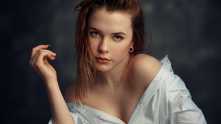 Woman white shirt cigarette portrait - her hand and a cigarette free wallpaper