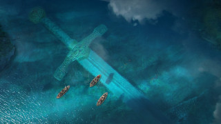 Fantasy plane over water aurora - matte painting concept art free wallpaper