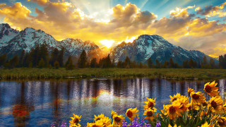 Mountain lake autumn sunset flower - a painting of a mountain range free wallpaper