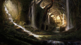 Waterfall forest painting side middle - cedric seaut keos masons free wallpaper for desktop