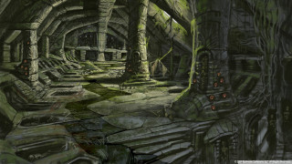 Cave stream trees growing nature - matte painting concept art free wallpaper for desktop