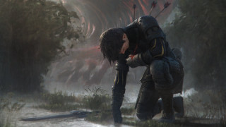 Futuristic man forest armor blood - his hand and a bird free wallpaper