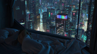Bed cityscape neon night fireworks - cyberpunk city free wallpaper for desktop