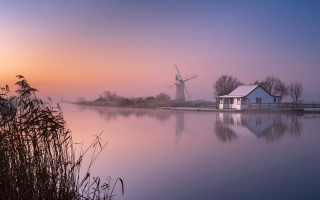 Windmill foggy lake reeds house - a windmill free wallpaper for desktop