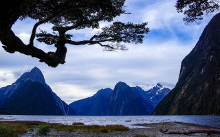 Tree water mountains cloudy sky - over a body of water free wallpaper