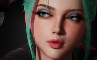 Green hair blue eyes portrait - ultra realistic face free wallpaper