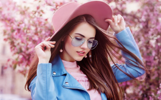 Pink hat sunglasses cherry blossoms - a blue jacket free wallpaper