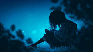 Person sitting grass cellphone blue - a digital painting free wallpaper