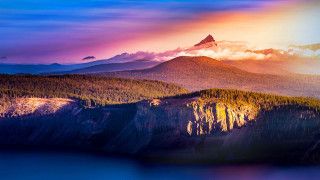 Mountain lake trees sunset sky - a colorful sky free wallpaper