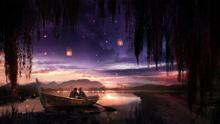 Night lake boat lanterns moon - lantern free wallpaper