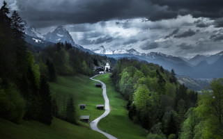 Winding road green valley church - a lush green valley free wallpaper for desktop
