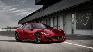 Red sports car building clouds - neoclassicism free wallpaper for desktop