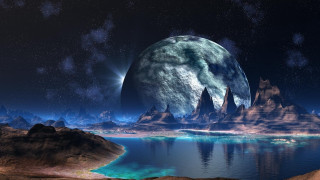 Planet lake mountains starry sky - sci fi fantasy free wallpaper