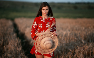 Woman red dress straw hat - anna hotchkis free wallpaper