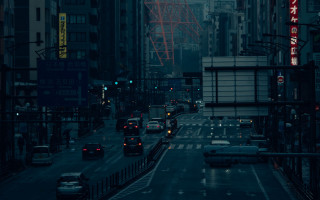 City street neon rain night - the street and buildings free wallpaper