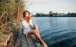 Woman dock lake reeds house - a dock next free wallpaper