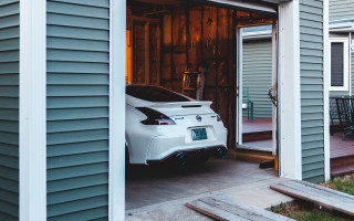 White car garage deck chairs - a door open free wallpaper