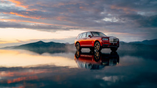 Red car lake mountains sunset - luxury free wallpaper