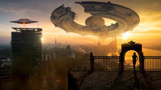 Man urban architecture sunset ruins - free sci-fi wallpaper