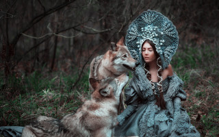 Woman blue dress wolf forest - artur tarnowski free wallpaper