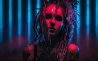 Woman dreadlocks neon light curtain - cyberpunk style free wallpaper