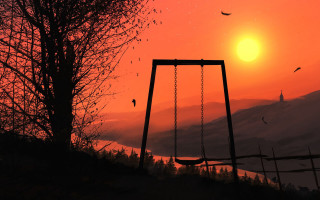 Sunset swing set birds tree - a swing free wallpaper