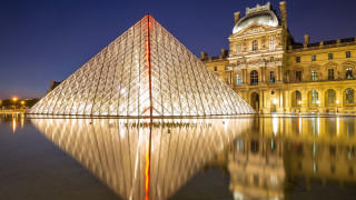 Pyramid reflection night paris clock - a cubist painting free wallpaper