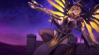 Fantasy witch mercy aurora moon - a purple sky behind her free wallpaper