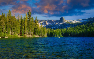 Lake forest mountains cloudy sky 2 - tree and mountains under a cloudy sky free wallpaper