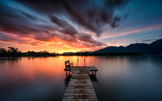 Lake dock bench sunset mountain - lake free wallpaper