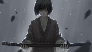 Dark snowy fantasy sword kimono - art station free wallpaper