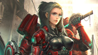 Futuristic woman cyberpunk city gun - a city setting free wallpaper