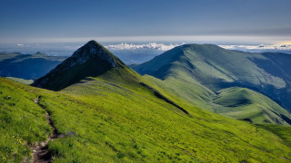 Grassy mountain trail clouds nature - a few mountain free wallpaper