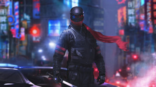 Futuristic city man sword cape - cyberpunk style free wallpaper