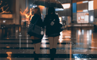 Two women umbrella rain night - the glass free wallpaper