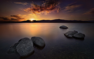 Sunset lake rocks mountains orange - the water and mountains free wallpaper