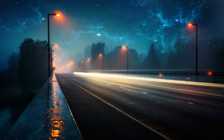 Night streetlights starry sky moonfireworks - atmospheric free wallpaper