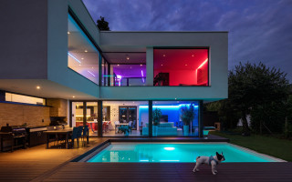 Dog pool night house deck - free architecture wallpaper for desktop